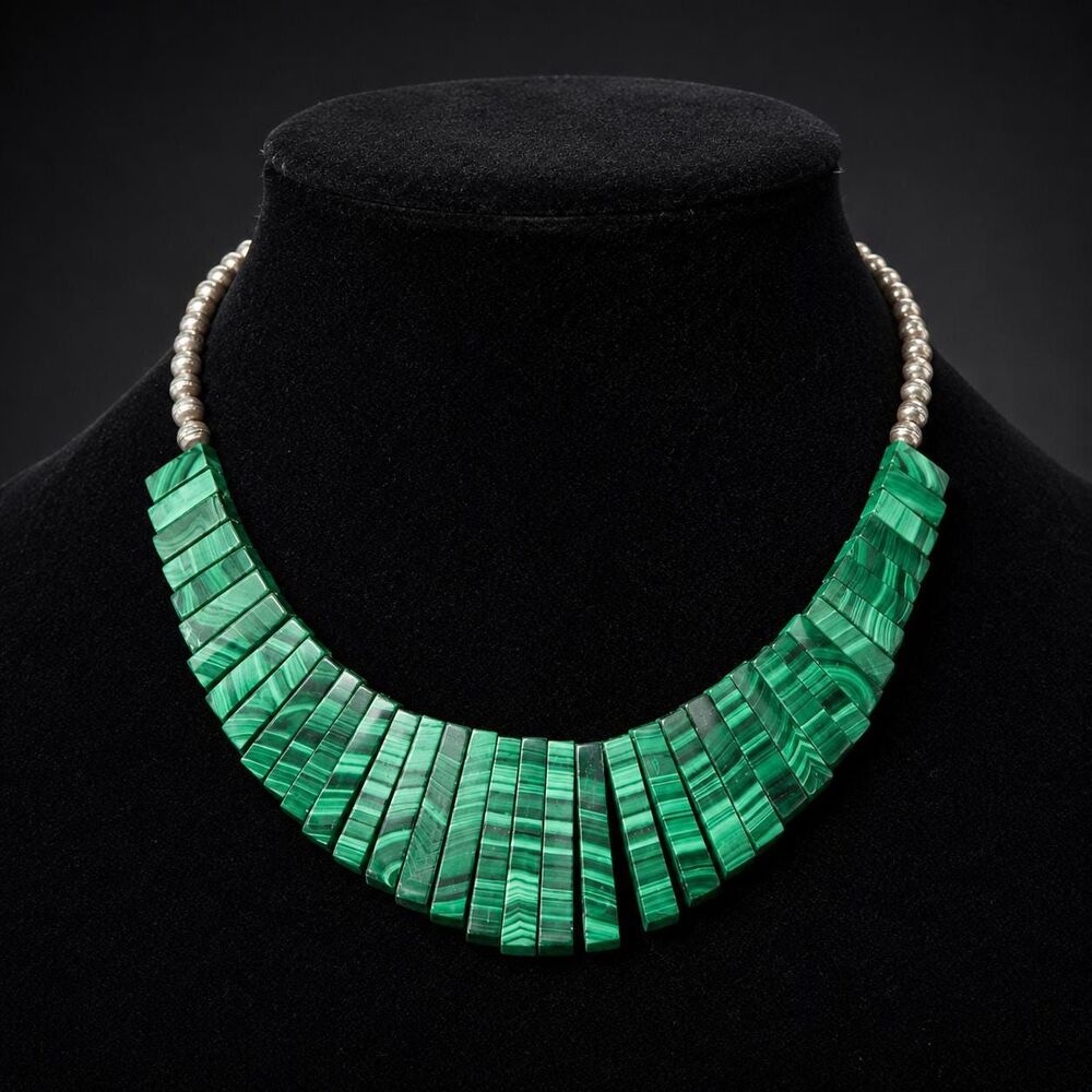 Vintage Malachite & Sterling Silver Collar Necklace | Graduated Malachite Slab B